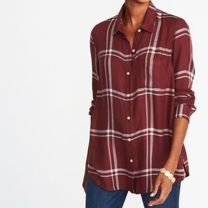 OLD NAVY button down long sleeve flannel plaid shirt burgundy white size XS